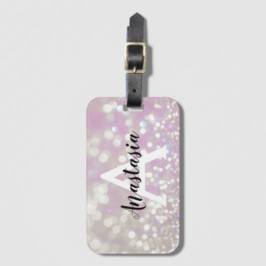 Meisjes Lila Shimmer Glitter Sparkles Monogram Bagagelabel (Voorkant (verticaal))