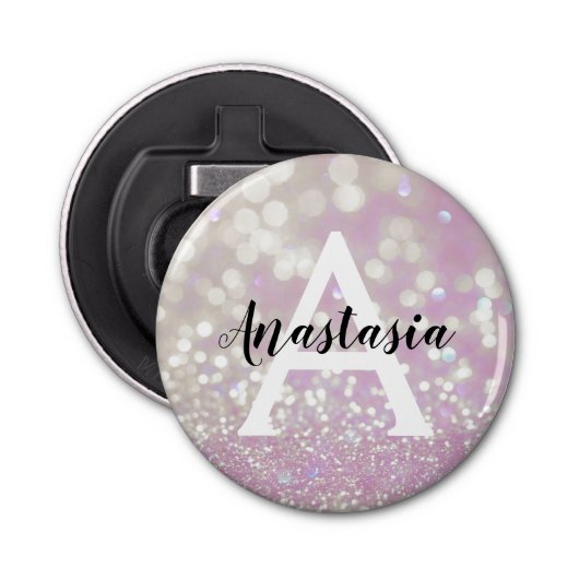Meisjes Lila Shimmer Glitter Sparkles Monogram Button Flesopener (Voorkant)