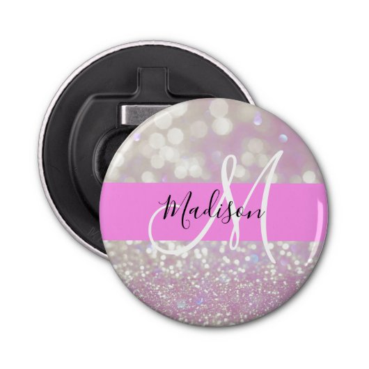 Meisjes Lila Shimmer Glitter Sparkles Monogram Button Flesopener (Voorkant)