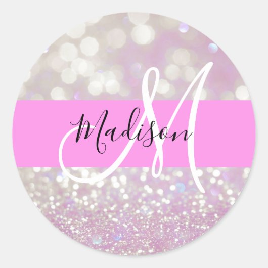 Meisjes Lila Shimmer Glitter Sparkles Monogram Ronde Sticker (Voorkant)