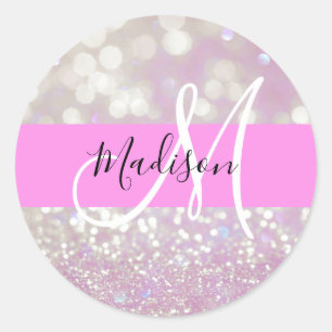Meisjes Lila Shimmer Glitter Sparkles Monogram Ronde Sticker
