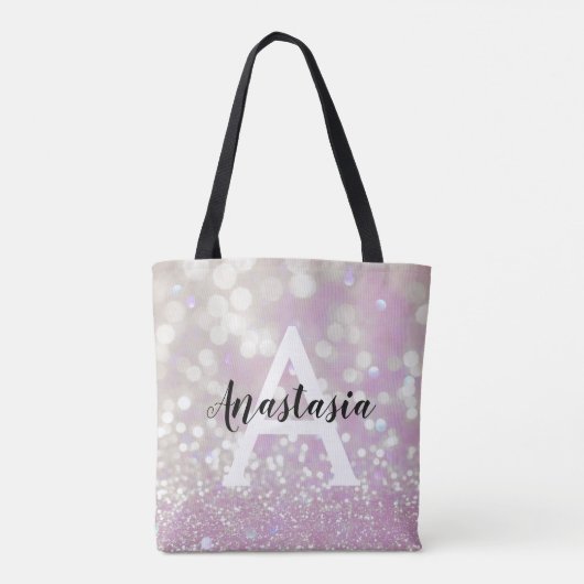 Meisjes Lila Shimmer Glitter Sparkles Monogram Tote Bag (Achterkant)