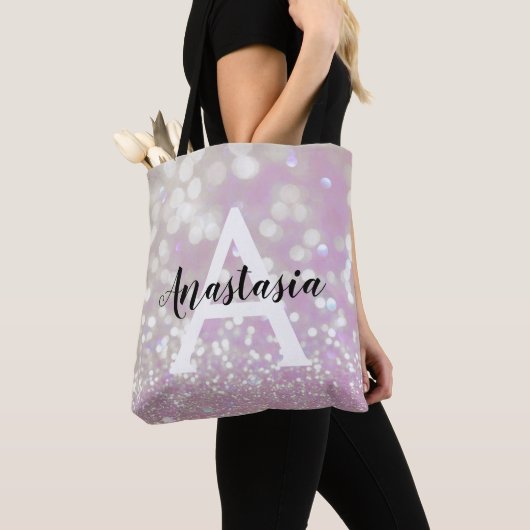 Meisjes Lila Shimmer Glitter Sparkles Monogram Tote Bag (Dichtbij)