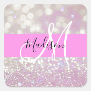 Meisjes Lila Shimmer Glitter Sparkles Monogram Vierkante Sticker