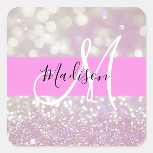 Meisjes Lila Shimmer Glitter Sparkles Monogram Vierkante Sticker (Voorkant)
