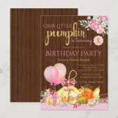 Meisjes Little Pumpkin Rustic Wood 1e verjaardag Kaart (Voorkant / Achterkant)
