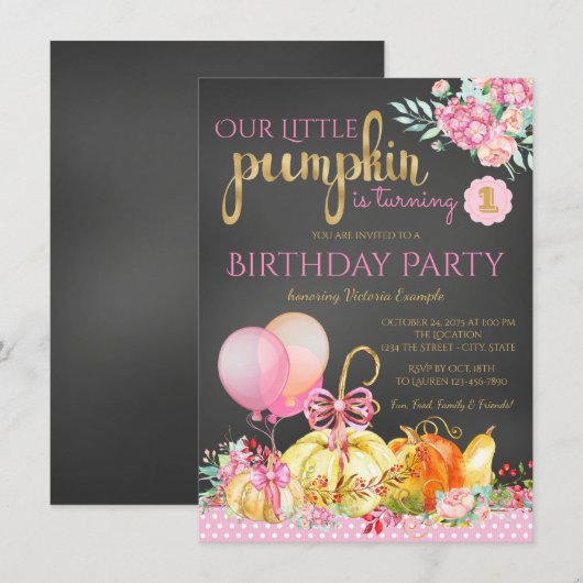 Meisjes Little Pumpkin schoolbord 1e verjaardag Kaart (Voorkant / Achterkant)