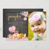 Meisjes Little Pumpkin schoolbord eerste verjaarda Kaart (Voorkant / Achterkant)