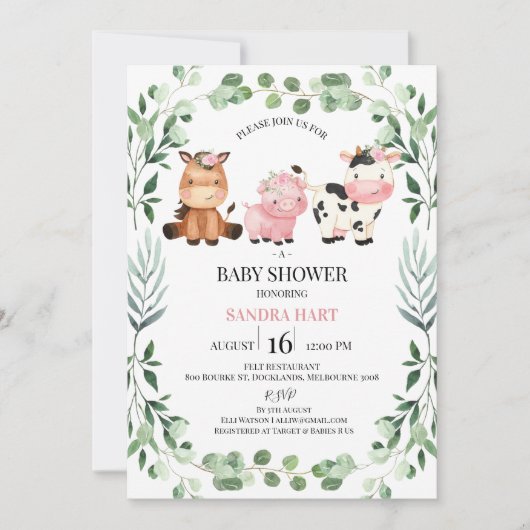 Meisjes Loofkrans Boerderijdieren Baby Shower Kaart (Voorkant)