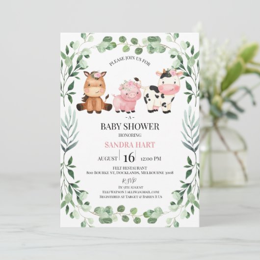 Meisjes Loofkrans Boerderijdieren Baby Shower Kaart (Staand voorkant)