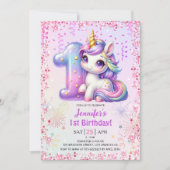 Meisjes Magische Eenhoorn 1e Verjaardagsfeest Kaart (Voorkant)