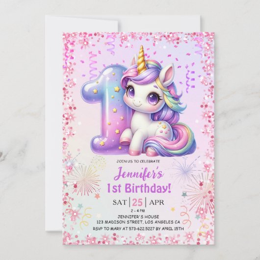 Meisjes Magische Eenhoorn 1e Verjaardagsfeest Kaart (Voorkant)