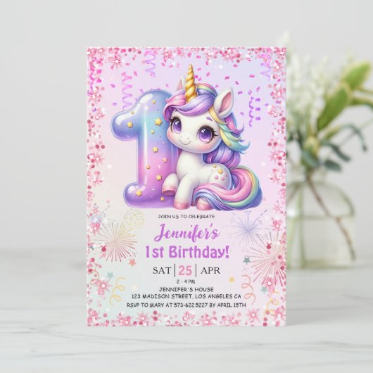 Meisjes Magische Eenhoorn 1e Verjaardagsfeest Kaart (Staand voorkant)