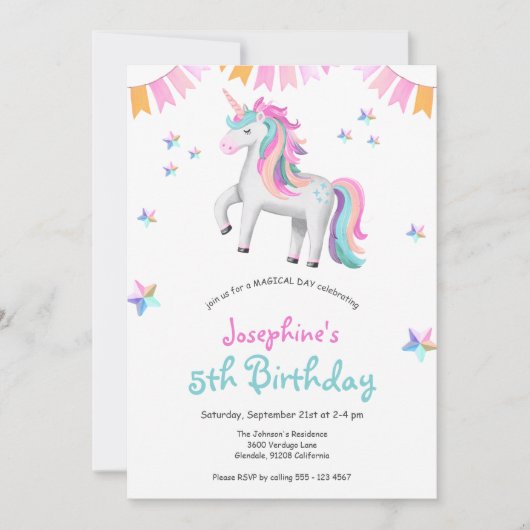 Meisjes Magische Eenhoorn Verjaardagsfeest Kaart (Voorkant)