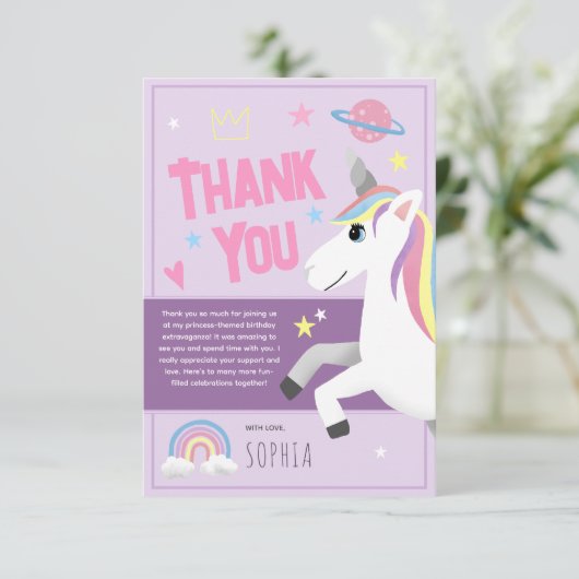 Meisjes Magische Paarse Eenhoorn Kids Verjaardag Bedankkaart (Staand voorkant)