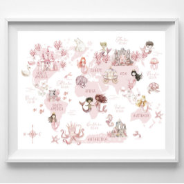 Meisjes Magische Wereldkaart, Roze Meermaiden en k Poster