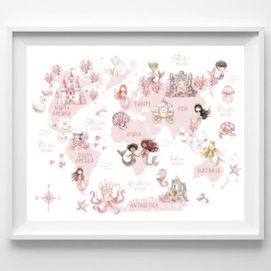 Meisjes Magische Wereldkaart, Roze Meermaiden en k Poster