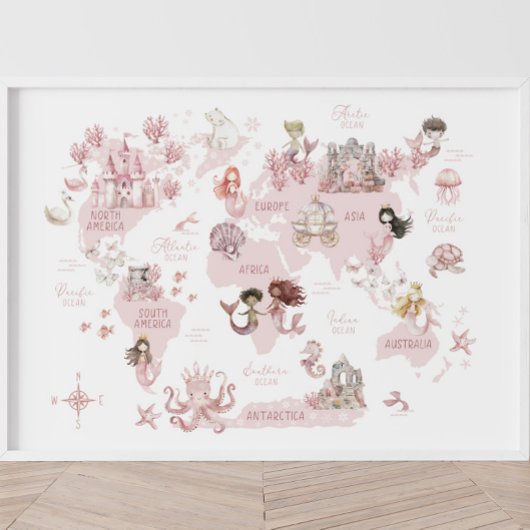 Meisjes Magische Wereldkaart, Roze Meerminnen en k Poster