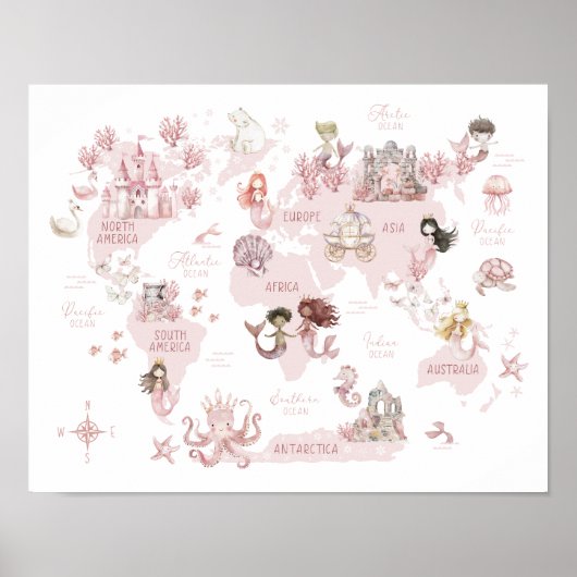 Meisjes Magische Wereldkaart, Roze Meerminnen en k Poster (Voorkant)