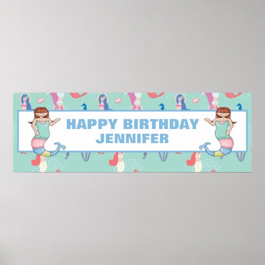 Meisjes Mermaid Birthday - Gepersonaliseerd Poster (Voorkant)