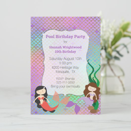 Meisjes Mermaid Birthday Pool Uitnodiging (Staand voorkant)