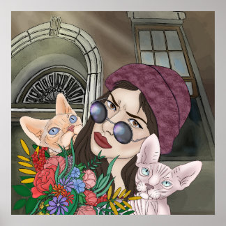 Meisjes met katten Print, Waarde Poster Papier (Ma