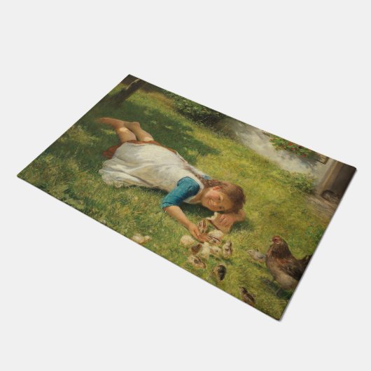 Meisjes met kippen (Hen en Chicken) Deurmat (Schuin)