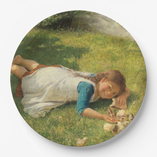 Meisjes met kippen (Hen en Chicken) Papieren Bordje (Voorkant)