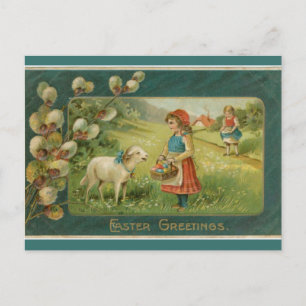meisjes met lammeren in een veld Pasen Briefkaart