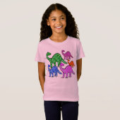 Meisjes met roze, groene en Paarse Dinosaur T-shir T-shirt (Voorkant volledig)