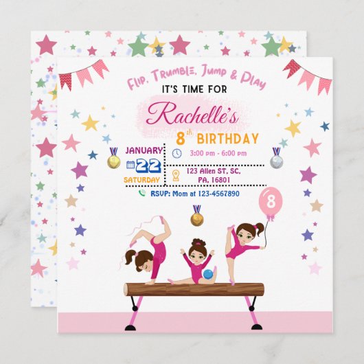 Meisjes met tumbling Gymnastiek Birthday Party Inv Kaart (Voorkant / Achterkant)