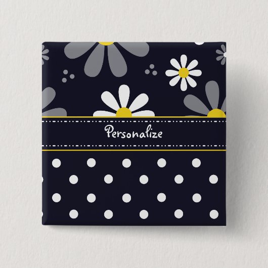 Meisjes Mod Daisies en Polka Dots met naam Vierkante Button 5,1 Cm (Voorkant)