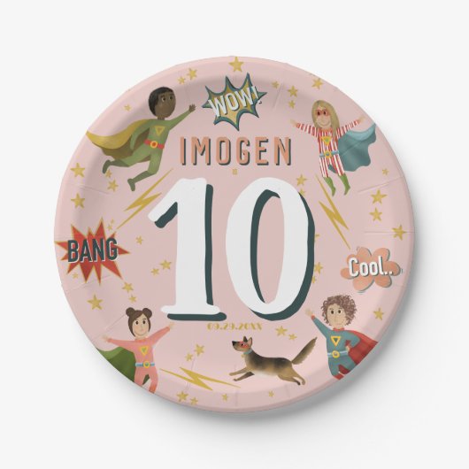 Meisjes Modern Cool Roze Superheld Kids Verjaardag Papieren Bordje (Voorkant)
