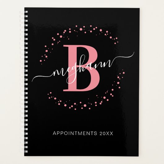 Meisjes Modern Roze Zwart Manuscript Monogramed Planner (Voorkant)