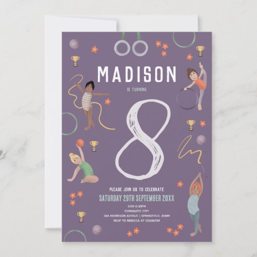 Meisjes Moderne Paarse Gymnastiek Kinderen Verjaar Kaart (Voorkant)