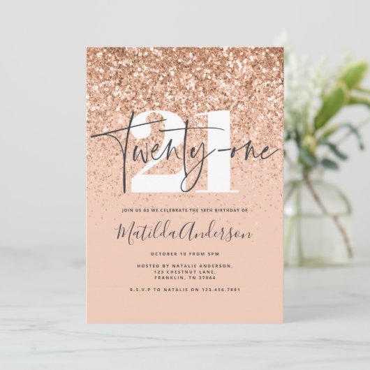 Meisjes moderne perzikglittertypografie 21-jarig (Staand voorkant)