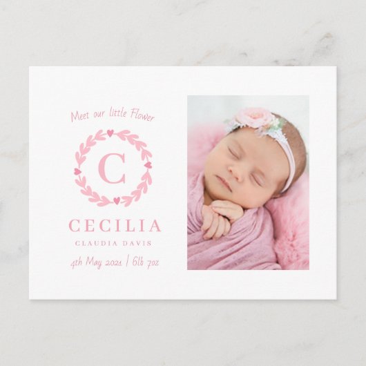 Meisjes monogram geboorte aankondigingskaarten briefkaart (Voorkant)