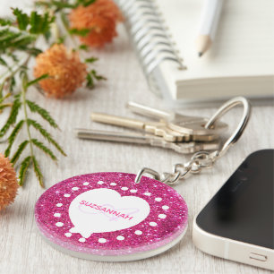 Meisjes Monogram Roze Glitter White Heart Sjabloon Sleutelhanger