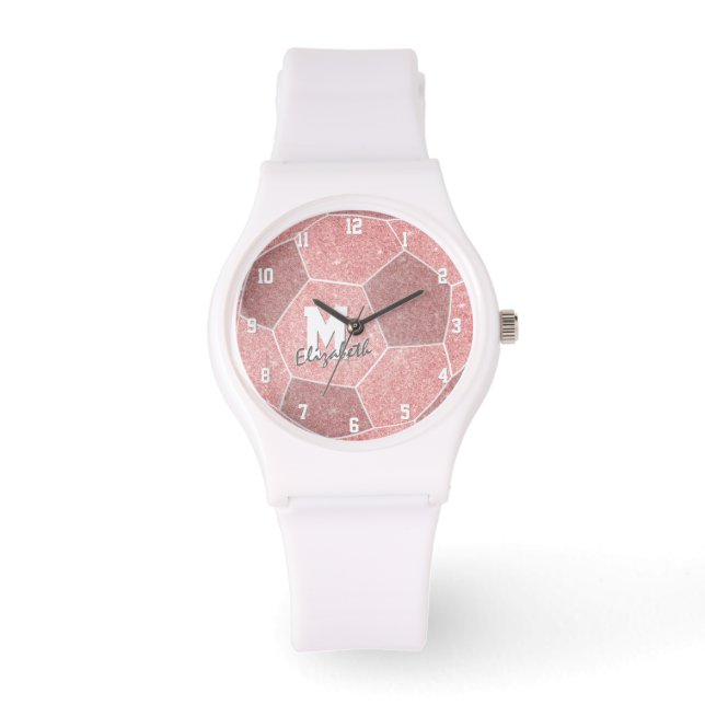 meisjes monogrammed sportgeschenken roze voetbal horloge (Voorkant)
