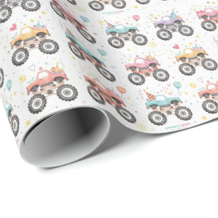 Meisjes Monster Truck Inpakpapier Roze Waterverf