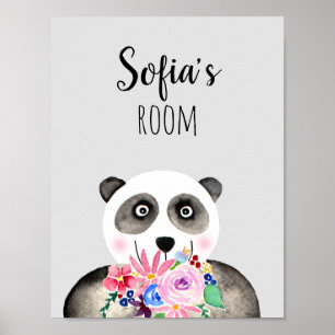 Meisjes Mooie Bloemen Aquarel Panda en Naam Poster
