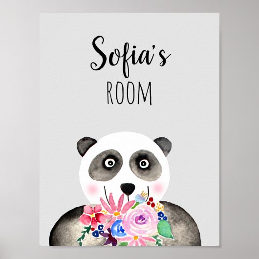 Meisjes Mooie Bloemen Aquarel Panda en Naam Poster (Voorkant)