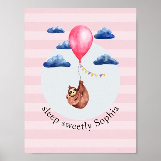Meisjes Mooie Roze Ballon Luiaard Dier en Naam Kin Poster (Voorkant)
