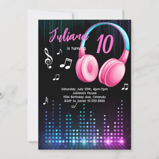 Meisjes Muzikale Glow Verjaardag Uitnodiging (Voorkant)