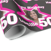 Meisjes naam 50e verjaardag foto roze zwart wrap cadeaupapier (Rol Hoek)