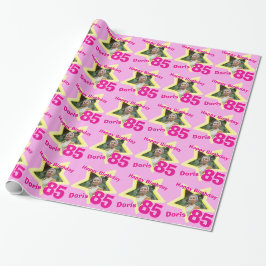 Meisjes naam 85e verjaardag foto roze gele omloop cadeaupapier