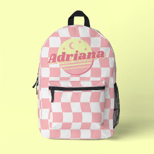 Meisjes Naam Groovy Roze Wit Wavy Checkerboard Bedrukte Rugzak