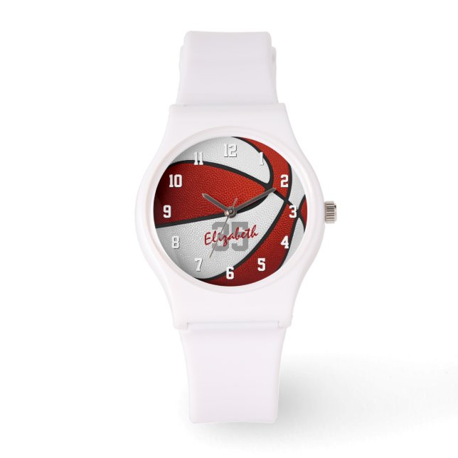 meisjes naam jersey nummer rode witte basketbal horloge (Voorkant)