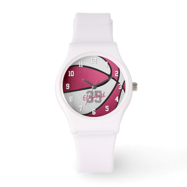 meisjes naam jersey nummer roze wit basketbal horloge (Voorkant)