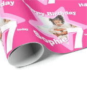 Meisjes naam leeftijd 7 voeg je foto roze ster pat cadeaupapier (Rol Hoek)